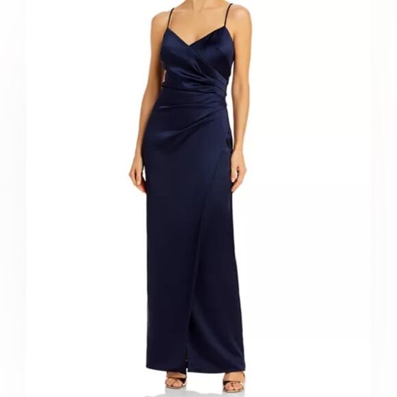AQUA FORMAL Women’s Satin Ruched Gown Navy Sz 2 4819X NWT - Picture 1 of 8